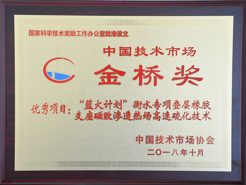 “蓝火计划”衡水专项叠层橡胶支座磁致渗透热场高速硫化技术项目获评中国技术市场协会“金桥奖